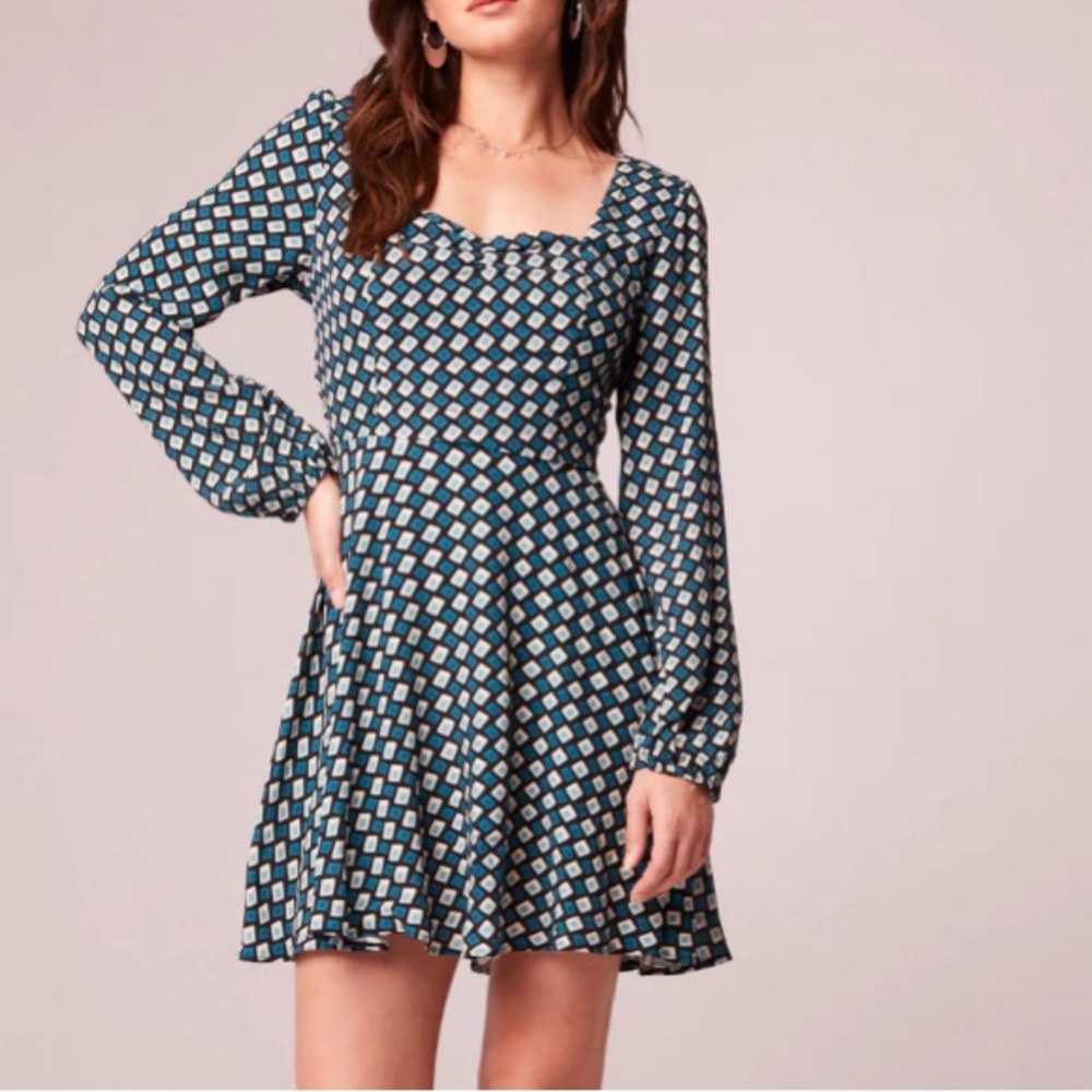 BOG, Band of the Free GENEVIEVE TEAL DIAMOND LONG SLEEVE MINI DRESS, NWT
